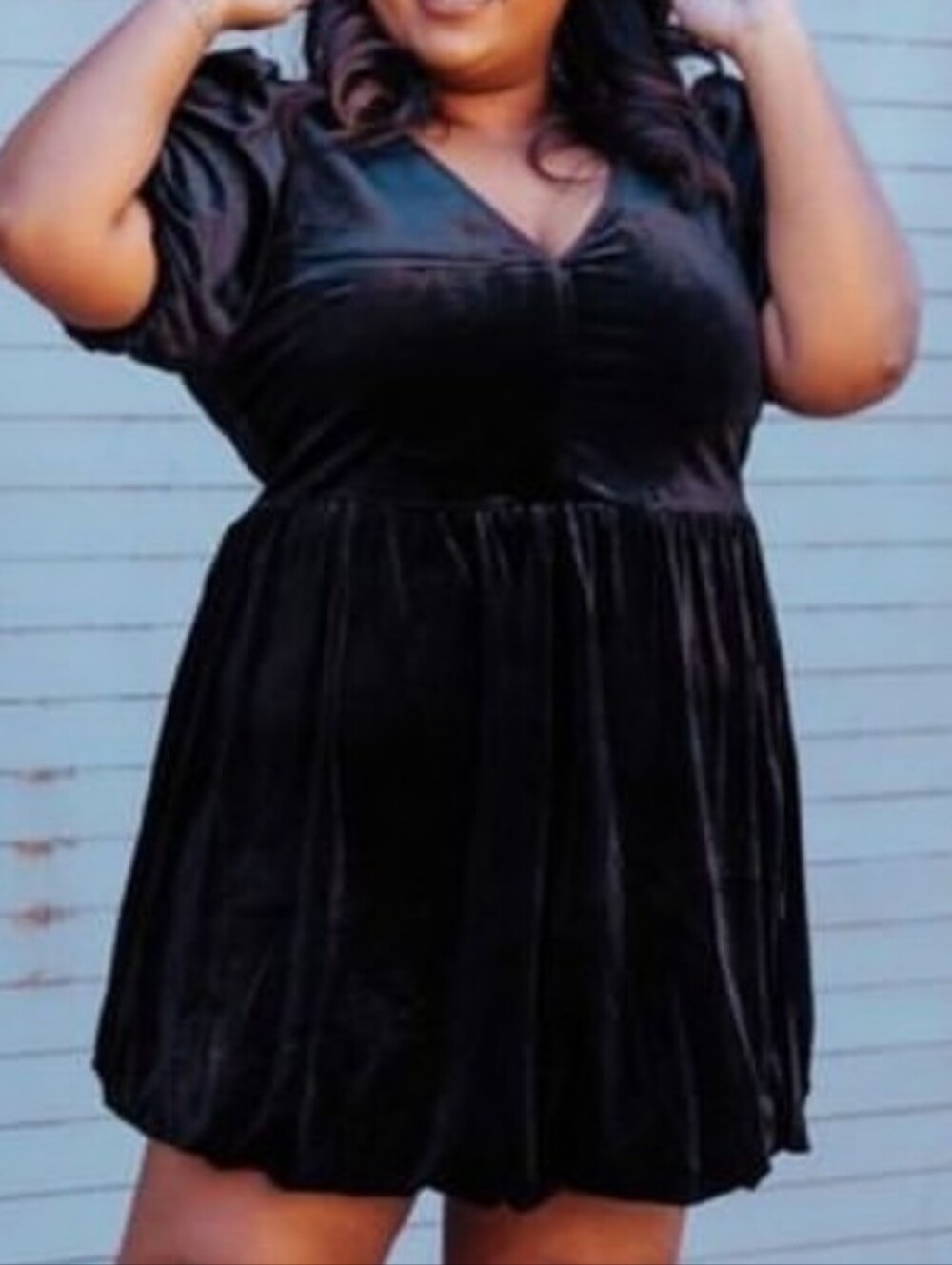 Deep Navy Blue Velvet Plus Mini Dress Puff Elastic Cuff Sleeves Bubble Hem Sz 16